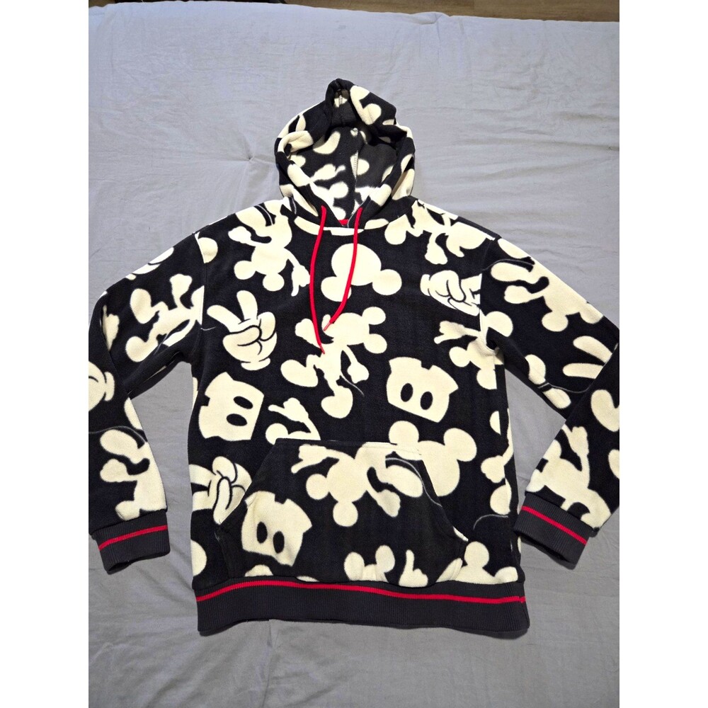 Disney Mickey Mouse All Over Print Fleece Hoodie Women XS Black Cream Sweatshirt